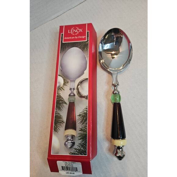 Lenox Holiday Gatherings Large Table Spoon 9.5" Stainless Steel Red Cream Green - Picture 1 of 4